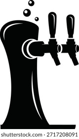 Icono de silueta negra de una torre de grifo de cerveza de barril con dos grifos y burbujas, diseño plano mínimo aislado sobre fondo blanco, adecuado para cervecería, pub, menú de bar, servicio de bebidas, Oktoberfest y gráficos de concepto de alcohol.