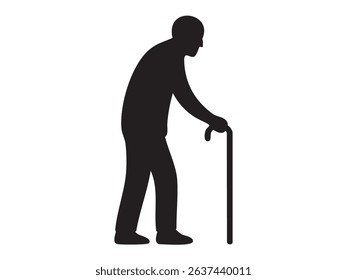Black silhouette icon of elderly man walking with cane isolated on white background. Concept of senior adult, aging, retirement life, physical support, graphic illustration, design element.
