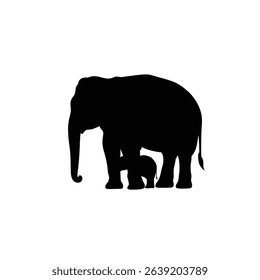 Black Silhouette Icon an Elephant Standing Still With a Baby Calf Nestled Underneath