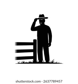 Black Silhouette Icon A farmer standing beside a wooden fence, tipping their hat