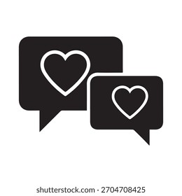 A black silhouette icon features two overlapping speech bubbles, one large and one small, each containing a white outline of a heart shape, symbolizing love.