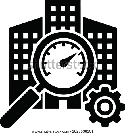 A black silhouette icon featuring a building, a magnifying glass with a gauge inside, and a gear, representing building performance or facility analysis.