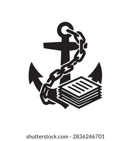 A black silhouette icon featuring a nautical anchor wrapped in a chain with a stack of documents suitable for maritime logistics or shipping design.