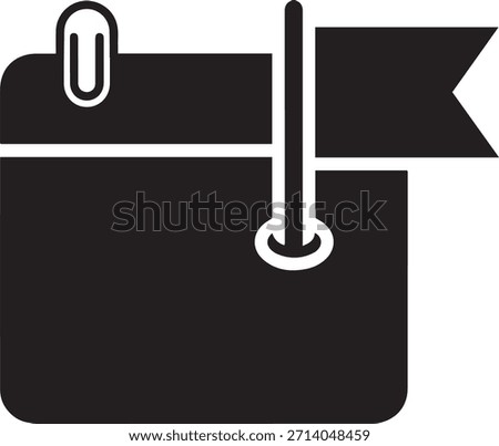 A black silhouette icon featuring a paperclip attached to a rectangular note with a flag and a ring.