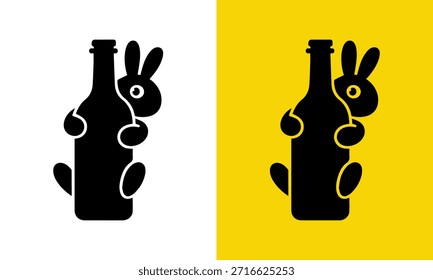 Un icono de silueta negro con un personaje de conejo que se aferra a un diseño de botella
