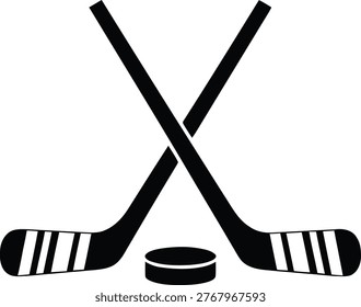 A black silhouette icon featuring two crossed hockey sticks and a hockey puck, representing the sport of ice hockey, isolated on white background.