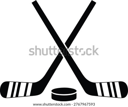 A black silhouette icon featuring two crossed hockey sticks and a hockey puck, representing the sport of ice hockey, isolated on white background.