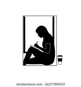 Black Silhouette Icon A female author seated by a window, writing in a journal with a coffee cup nearby