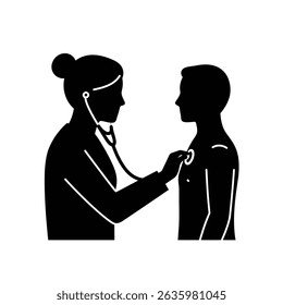 Black Silhouette Icon A female doctor holding a stethoscope to a patient’s chest, in a minimalistic silhouette style on a white background 