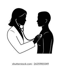 Black Silhouette Icon A female doctor holding a stethoscope to a patient’s chest, in a minimalistic silhouette style on a white background