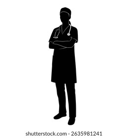Black Silhouette Icon A female doctor standing confidently with arms crossed and stethoscope around neck, in a minimalistic silhouette style on a white background