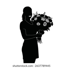 Black Silhouette Icon A female florist holding a large bouquet of mixed flowers, smiling