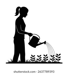 Black Silhouette Icon A female gardener holding a watering can, gently watering a row of plants