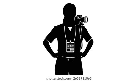 Black Silhouette Icon a Female Journalist Standing Confidently With a Press Badge and Camera Slung Over Her Shoulder