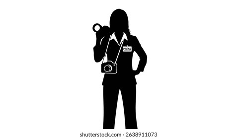 Black Silhouette Icon a Female Journalist Standing Confidently With a Press Badge and Camera Slung Over Her Shoulder