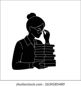 Black Silhouette Icon A female librarian holding a stack of books and adjusting her glasses