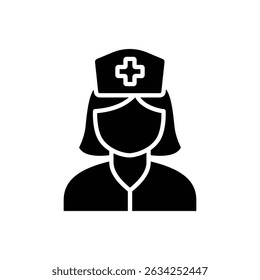 Black silhouette icon of a female nurse wearing a cap with a cross.