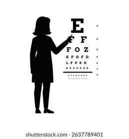 Black Silhouette Icon A female optician standing beside an eye chart, pointing at letters