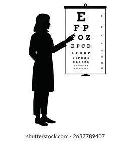 Black Silhouette Icon A female optician standing beside an eye chart, pointing at letters