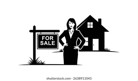 Black Silhouette Icon a Female Real Estate Broker Standing Confidently Beside a Home for Sale Sign