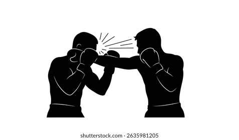 Black Silhouette Icon A fighter landing a clean punch to the opponent’s face mid-fight, in a minimalistic silhouette style on a white background