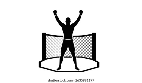 Black Silhouette Icon A fighter raising both fists in victory inside the octagon, in a minimalistic silhouette style on a white background