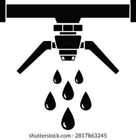 Black silhouette icon of a fire sprinkler or irrigation system with water droplets falling, isolated on white background.