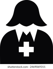 Black silhouette icon of a first aid professional wearing a nurse hat with cross on chest and holding medical bag.