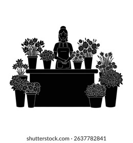 Black Silhouette Icon a Florist Standing Behind a Flower Shop Counter, Surrounded by Floral Arrangements
