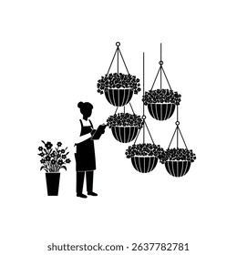 Black Silhouette Icon a Silhouette of a Florist Surrounded by Hanging Flower Baskets, Holding a Clipboard