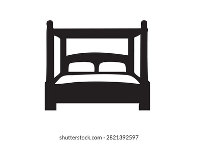 Black silhouette icon of a four poster canopy bed isolated on white background, Vector