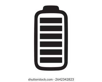 Black silhouette icon of fully charged battery isolated on white background. Concept of maximum battery charge level, full power status, energy capacity, digital indicator symbol.