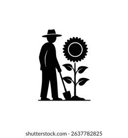 Black Silhouette Icon a Gardener Standing Beside a Tall Sunflower With a Shovel in Hand