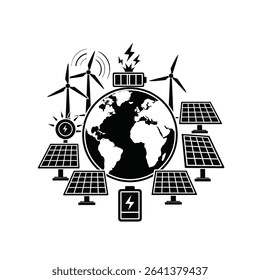 Black Silhouette Icon a Globe Surrounded by Solar Panels, Wind Turbines, and a Battery Icon, Representing Global Clean Energy Sources 