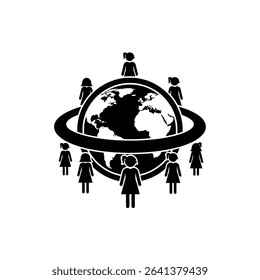 Black Silhouette Icon a Globe Surrounded by Figures of Girls, With a Protective Ring Encircling Them, Symbolizing International Protection