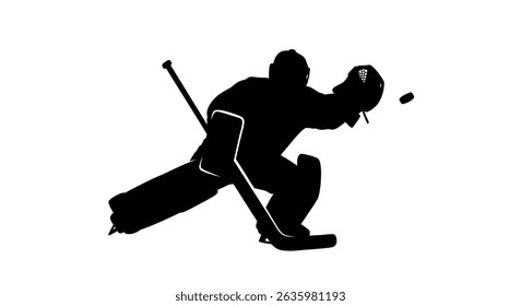 Black Silhouette Icon A goalie making a dramatic glove save with one leg stretched, in a minimalistic silhouette style on a white background 