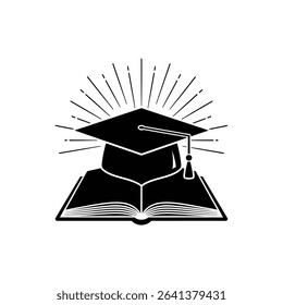 Black Silhouette Icon a Graduation Cap Resting on Top of an Open Book With Rays of Light Behind It, Symbolizing Achievement Through Education