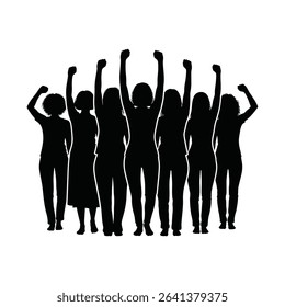 Black Silhouette Icon a Group of Diverse Women Standing Together With Fists Raised in Unity, Symbolizing Global Solidarity Against Fgm 