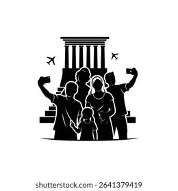 Black Silhouette Icon a Group of Diverse Tourists Taking Selfies Near a Restored Monument, Symbolizing Sustainable Tourism Revival