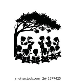 Black Silhouette Icon a Group of Diverse Children Reading Books in a Circle Under a Tree, Symbolizing Inclusive Education