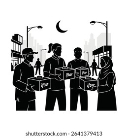 Black Silhouette Icon a Group of Friends Handing Out Iftar Boxes on a City Street, Symbolizing Community Service