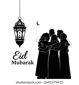 Black Silhouette Icon a Group of Friends Exchanging Eid Mubarak Hugs Near a Decorated Lantern