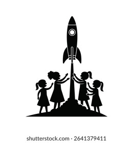Black Silhouette Icon a Group of Girls Launching a Model Rocket Together, Symbolizing Stem Learning and Space Exploration 