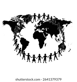Black Silhouette Icon a Group of People Forming a Human Chain Across Continents, Symbolizing Worldwide Human Solidarity