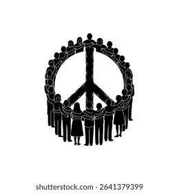 Black Silhouette Icon a Group of People Standing Together With Arms Around Each Other, Forming the Shape of a Peace Symbol