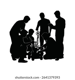 Black Silhouette Icon a Group of Youth Building a Robot Together, Representing Teamwork and Technical Skills