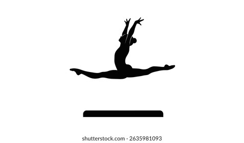 Black Silhouette Icon A silhouette of a gymnast leaping in a perfect split above the floor mat, in a minimalistic silhouette style on a white background