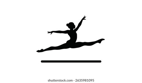 Black Silhouette Icon A silhouette of a gymnast leaping in a perfect split above the floor mat, in a minimalistic silhouette style on a white background