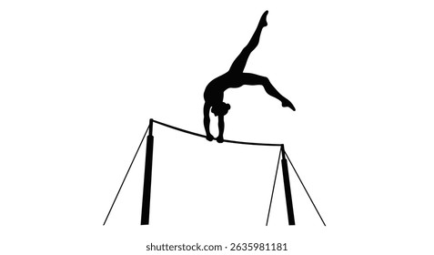 Ícone de silhueta preta Um ginasta mid-flip nas barras irregulares, em um estilo de silhueta minimalista em um fundo branco 