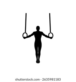 Ícone de silhueta preta Um ginasta mid-flip nas barras irregulares, em um estilo de silhueta minimalista em um fundo branco 
